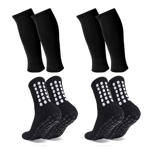 Barrlves 2 Set Grip Soccer Socks and Shin Guard Sleeves Non Slip Soccer Sleeve Socks for Men Women - color: Black