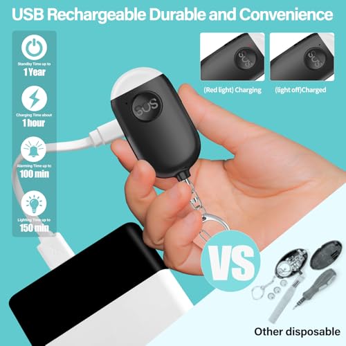 Hion Personal Safety Alarm for Women, 2 Pack Rechargeable 130dB Self Defense Alarm Keychain with LED Flashlight, Emergency Safe Sound Security for Children Elderly College Girls, Black+Pink - color: Black+Pink
