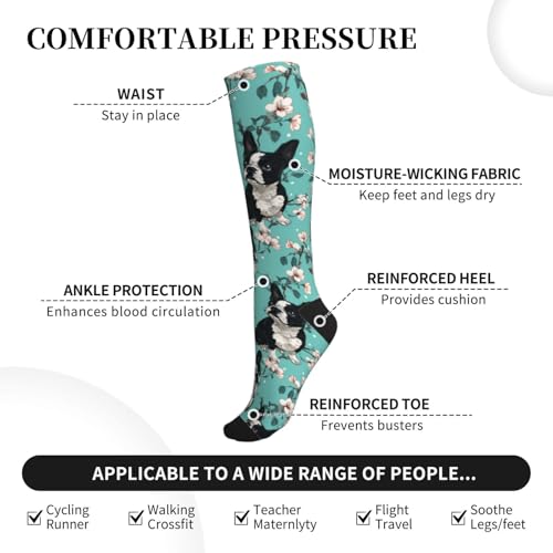 Cute Compression Socks Knee High Support Stockings Women Men - color: Boston Terrier Dog Flowers