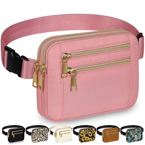 Capolo Fanny Packs for Women 4 Zip Pocket Crossbody Belt Bag Waist Bags - color: Pink, size: Medium