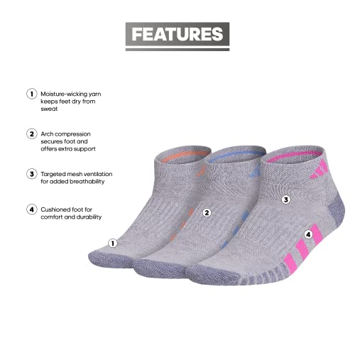 adidas Women's Cushioned Socks 3 Pairs - color: Cool Light Heather/Lucid Fuchsia Pink/Blue Fusion/3.0/Low Cut, size: Medium, style: Low Cut