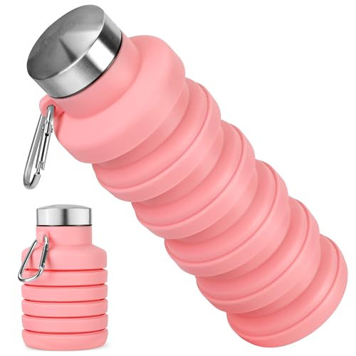 Collapsible Water Bottles, 16oz Foldable Silicone Travel Water Bottle with Carabiner, Wide Mouth, Leak-Proof, BPA-Free for Hiking, Camping, Travel - Pink - color: Pink, size: 16 Ounces