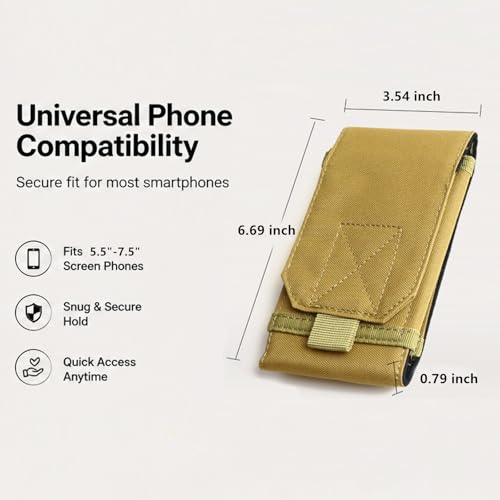 Outdoor Molle Tactical Phone Pouch 5.5-7.5 inches Cell Phone Waist Bag Sports Running Hiking Camping Hunting Portable Mobile Phone Belt Holder Utility Carry Pouch (Khaki)