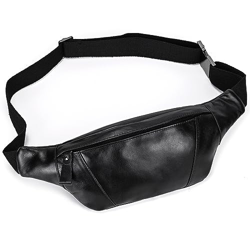 Genuine Leather Fanny Pack for Women & Men, Crossbody Waist Pack with Adjustable Strap, Hiking Hip Bum Belt for Travel, Hiking, Running - color: Black