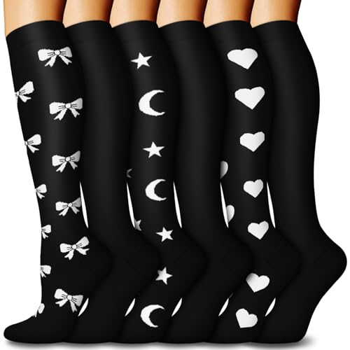 6 Pairs Compression Socks for Women & Men 15-20mmHg Knee High Socks - color: 12 - Black, size: Small-Medium