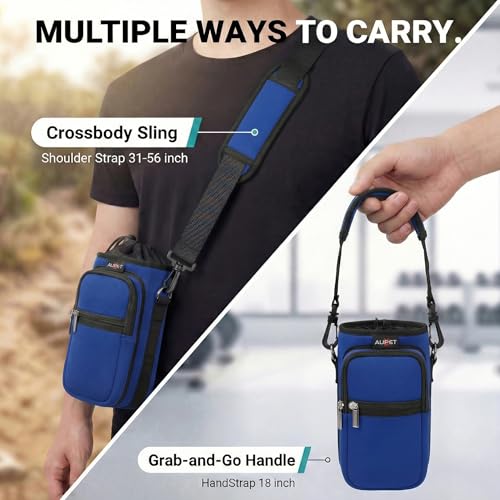 AUPET Water Bottle Sling Bag Sleeve Holder Carrier 25/32/40/64 oz,Insulated Crossbody Water Bottle Case Cover with Strap and Pockets for Men/Women Walking Hiking - color: dark blue, size: 64oz