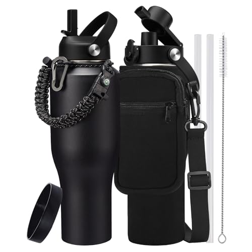 40 oz Insulated Water Bottle Fits Car Cup Holder with Straw Lid & Auto Lid - color: Onyx Black, size: 40 Ounces