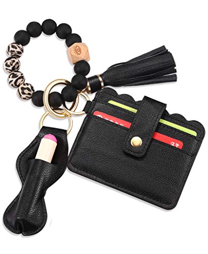 BVGA Wristlet Keychain Bracelet Wallet, Silicone Bead keyring Bangle for Women - color: C:black