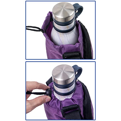 Trail maker Water Bottle Carrier Bag with Strap, Phone Pocket for Walking, Runs, Bike, Stainless Steel, Glass, Plastic - color: Purple