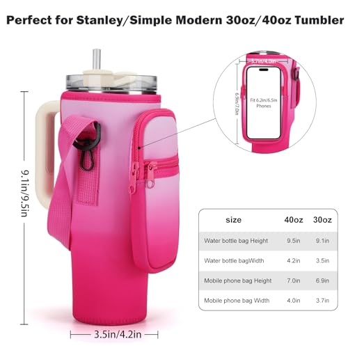 GOEWY Water Bottle Carrier Bag for Stanley Cup 40/30oz with Phone Pockets - color: Rose Red, size: 30oz