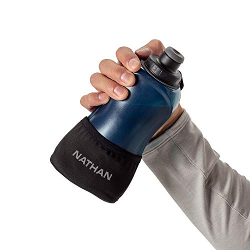 Nathan Running Handheld Water Bottle Adjustable No-Grip Quick Squeeze Lite Hand Strap. Reflective Hydration - color: Black / Marine Blue, style: 18oz