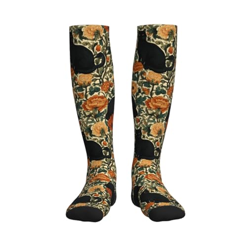 Cute Compression Socks Knee High Support Stockings Women Men - color: Black Cat Orange Flower