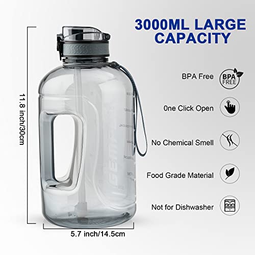 GEMFUL 3L Water Bottle with Measurements & Straw 100oz Leakproof Jug (Grey) - color: Grey, size: 3 L