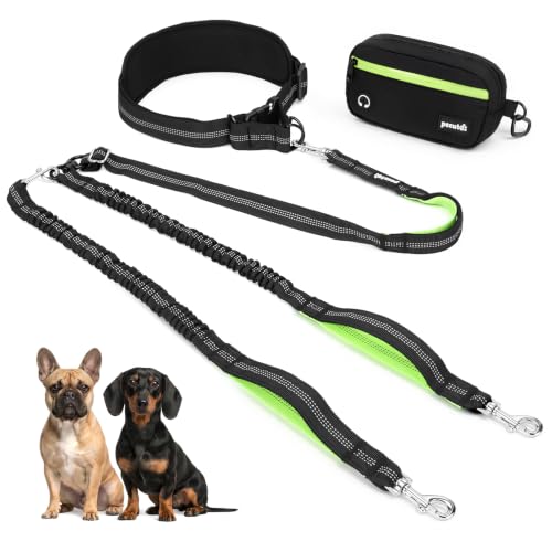 Pecute Hands Free Dog Leash for 2 Dogs, Waist Belt with Pouch, No Tangle - color: Black-2 dogs, size: S(11-33lbs)
