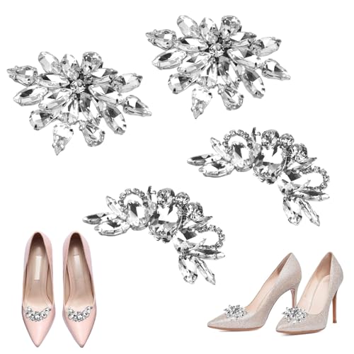4 Pcs Rhinestone Shoe Clips for Women Dress Shoes, Detachable Crystal Shoe Charms, Silver Sparkly Shoe Buckle Decorations for Wedding Bridal Prom Party High Heels