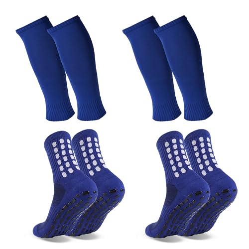 Barrlves 2 Set Grip Soccer Socks and Shin Guard Sleeves Non Slip Soccer Sleeve Socks for Men Women - color: Blue