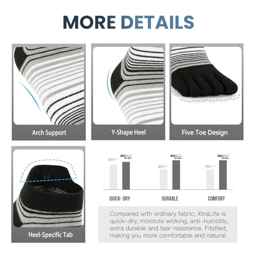 Toe Socks for Men and Women Athletic Running Coolmax Five Finger Ankle/Quarter Socks Breathable Lightweight, 3 Pairs - color: E4110# Striped, size: Small