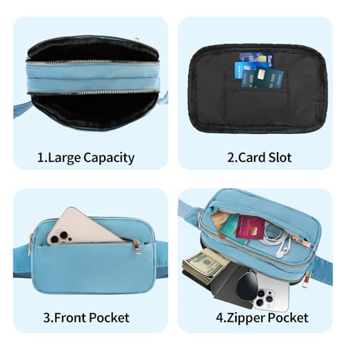 Fashion Fanny Bag-Waist Pack With Adjustable Belt Bag-Unisex Crossbody Pack For Travel Running Hiking-Light Blue - color: 3-Zipper Light Blue