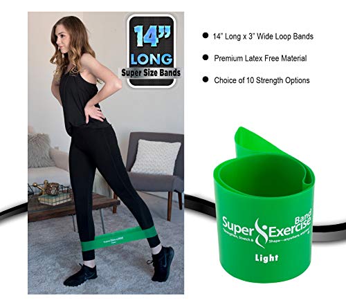 USA 14" x 3" Extra Long Latex Free Mini Loop Bands in 3, 5, 10 Pack Sets. 10 Strengths for Resistance Training, Stretching, Yoga, Toning. Plus an Exclusive iPhone App and E-Book. - color: h. Green LIGHT Loop Band 5 Pack