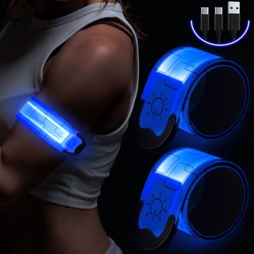 Simket LED Armband Rechargeable for Running(2 Pack), Running Lights for Runners, Running Lights, High Visibility Reflective Running Gear Adjustable Light Up Arm Bands for Men Women Kids - color: blue