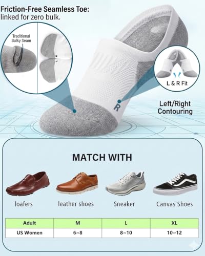 Gonii Compression No Show Athletic Womens Socks Running Cushioned 5-6 Pairs - color: 5 Pairs White, size: 10-12