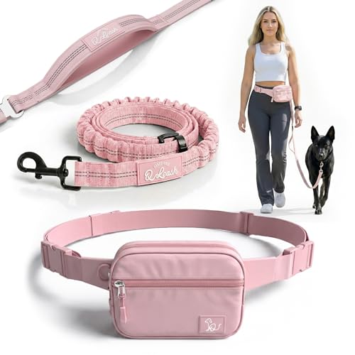 Hands Free Dog Leash with Zipper Storage Pouch - Waist Belt Bungee Running, Walking & Hiking Leash - Padded Handle - Seat Belt Attachment - Reflective No Pull Control for Medium Large Dogs 10-120 lbs
