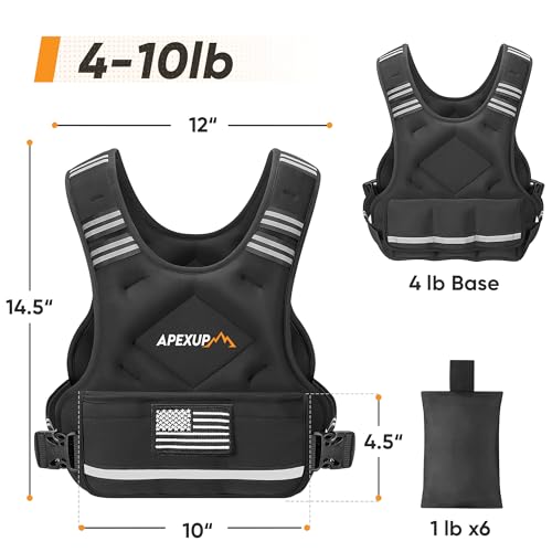 APEXUP Adjustable Weighted Vest, 4-10lb/12-18lb/20-32lb Vest with 6 Ironsand Weights and Large Pocket, Weight Vest for Men Women Strength Training, Running, Walking - color: Black, size: 4-10lbs