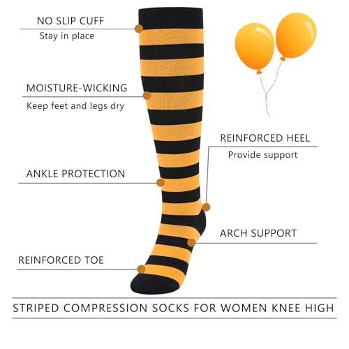Junely Compression Socks for Women Knee High Striped Polka Dot Stockings - color: Black Orange