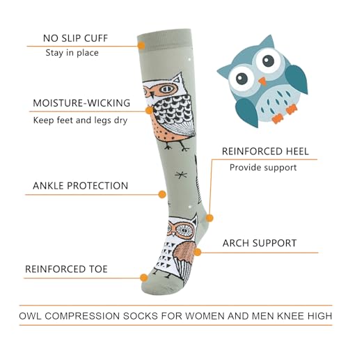 Junely Compression Socks for Women Knee High Stockings Funny Cute - color: A09owl