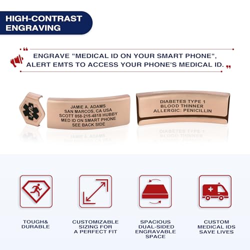 Divoti Custom Dual-Sided Engraved Silicone Medical Alert ID Wristband w/Security Clasp & Trim-to-Fit Band - Style - color: Carmella Blue / PVD Rose Gold / Black, size: Band Width - 13mm