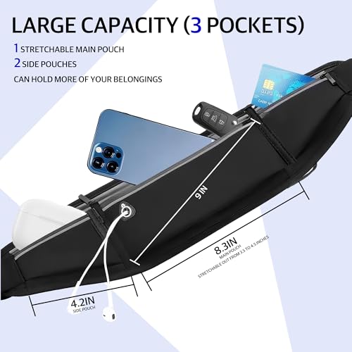 Running Belt for Phone – Adjustable Running Waist Pack with 3 Pockets Fits Up to 7.2 Inch Phones, Slim Running Fanny Pack for Men & Women Jogging Hiking Fitness - color: black