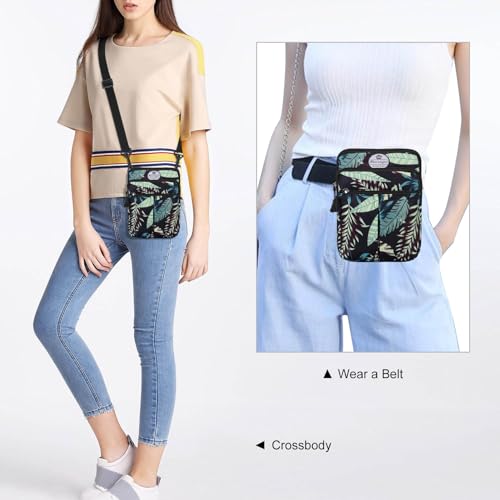 HUA ANGEL Multifunctional Fanny Pack for Men & Women Lightweight Waist Bag with 3 Zip Compartments, Cross body bag for Running Walking Sport Travel - color: Black leaves