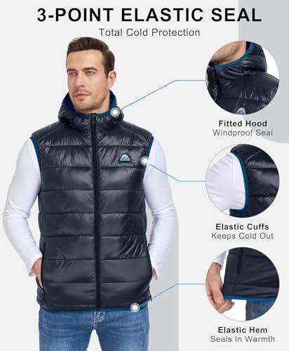 Mapamyumco Men's Hooded Puffer Vest Waterproof Lightweight Quilted - color: Navy Blue, size: Medium