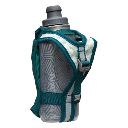 Nathan SpeedDraw 2 Insulated Handheld Running Water Bottle Flask – Double-Wall Insulation, Ergonomic Grip, Blast Valve Cap, Phone & Key Storage Pockets, Reflective Design, 12oz Insulated - Deep Teal - color: 12oz Insulated - Deep Teal