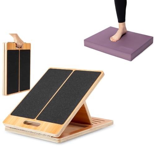 StrongTek Balance & Stretch Kit – Foam Pad + Adjustable Wooden Slant Board for Rehab & Mobility