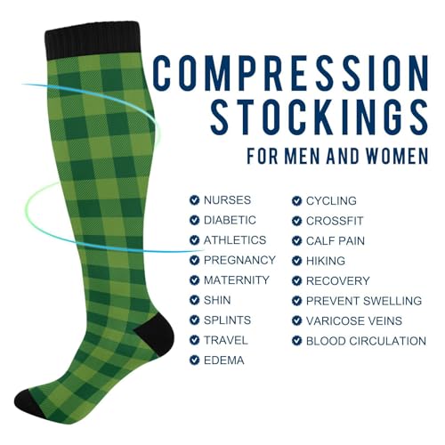 JUNZAN Buffalo Plaid Red Black Knee High Socks Compression Socks for Women Men Kid for Running Sports Nurse - color: Lucky Green Lumberjack Plaid
