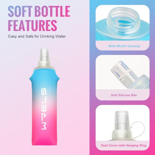 WRELS TPU Soft Flask Lightweight Portable Reusable Water Bottle,BPA Free Collapsible Flask for Hydration Pack in Running Hiking Cycling and Marathon - color: Blue-pink-250ML*2