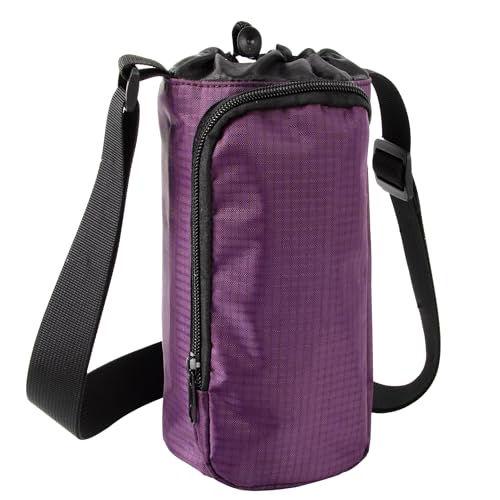Trail maker Water Bottle Carrier Bag with Strap, Phone Pocket for Walking, Runs, Bike, Stainless Steel, Glass, Plastic - color: Purple