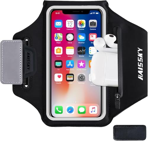 HAISSKY Running Armband with Earphone Pouch, Elastic Strap for 6.4" Phones