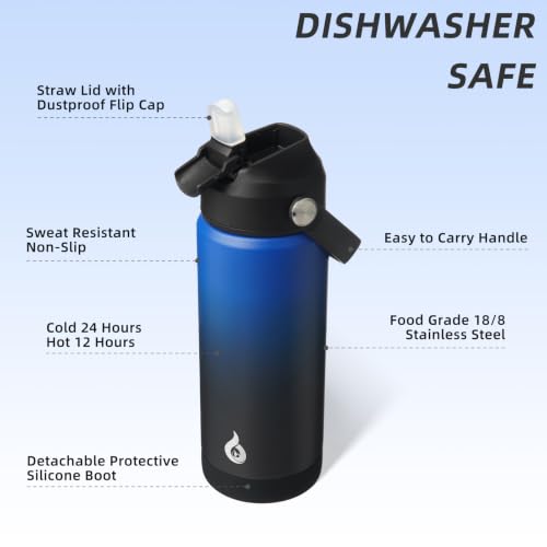 BJPKPK 2 Pack 18oz Insulated Water Bottles with Straw Lids, Stainless Steel - color: 2 X Black Blue, size: 18 Ounces