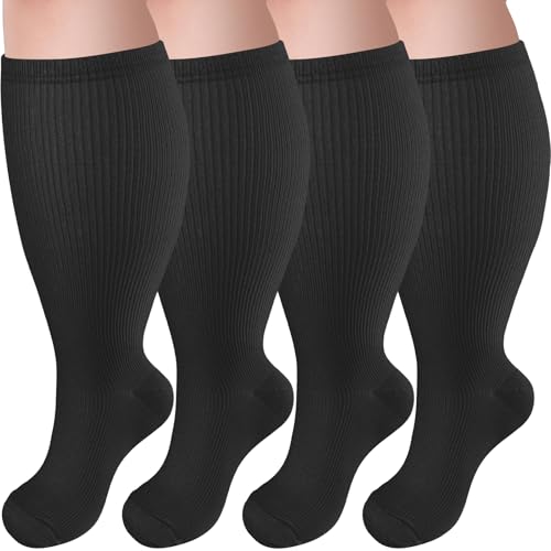 4 Pairs Plus Size Compression Socks,Extra Wide Calf 20-30 mmHg Knee High Compression Socks for Men Women Circulation - color: 03-black, size: XX-Large