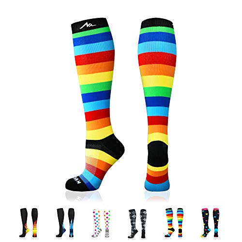 NEWZILL Medical Compression Socks for Women & Men Circulation 20-30 mmHg for Running Athletic Travel Flight Nurses Rainbow Stripes LGBTQ（XXL）