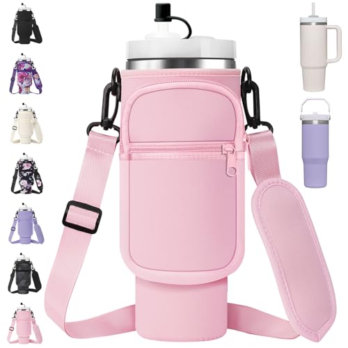AceTreker Water Bottle Carrier Bag with Strap for Stanley 40/30 oz Tumbler Neoprene Insulated Cup Holder Sleeve with Phone Pocket & Straw Cover for Stanley Cup Accessories - color: 01-Pink, style: 30 Oz