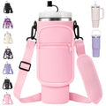 AceTreker Water Bottle Carrier Bag with Strap for Stanley 40/30 oz Tumbler Neoprene Insulated Cup Holder Sleeve with Phone Pocket & Straw Cover for Stanley Cup Accessories - color: 01-Pink, style: 30 Oz