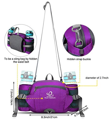 WATERFLY Fanny Pack Waist Bag: Fannie Pack 2 Water Bottle Holders Lumbar Belt Hiking Walking Running Jogging Camping Large Woman Man (Bottle Not Included) - color: Purple