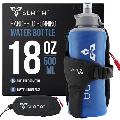 Handheld Running Water Bottle 18 oz – Grip-Free Collapsible Water Bottles for Running with Adjustable Strap & Thumbhole, Expandable Phone Pocket, Race Cap for One-Hand Drinking - color: Blue