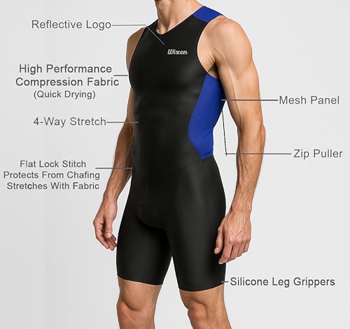 Wixen Men's Performance Triathlon Suit Sleeveless Tri Suit Padded Quick Dry Run Swim Bike - color: Blue, size: Small