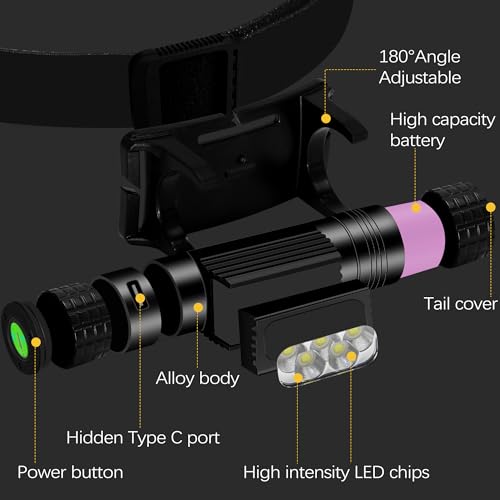 Headlamp Rechargeable, 2000 Lumen Super Bright LED Head Lamp for Adults, IP67 Waterproof Rechargeable Headlight with 9 Modes, Head Flashlight with 2600 mAh for Outdoor Camping Hiking Fishing Running - size: 5 Bead - 2000 lm - 9 Modes