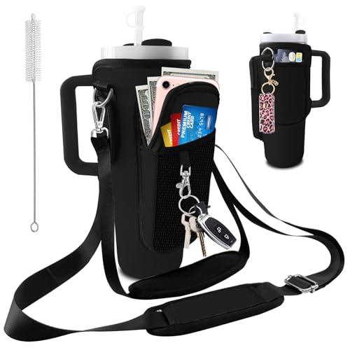 Stanley Carrier Bag for Stanley 40oz/30ozTumbler with Phone with 2 Adjustable Strap,3 Pockets Bottle Stanley Cup Carrier Bag & Case,Accessories for Hiking Travelling - color: Black