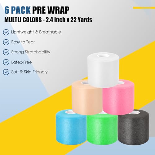 Pre Wrap Athletic Tape 6 Pack, 2.4 Inch x 22 Yards Foam Underwrap, Mix Colors - color: Mix Colors